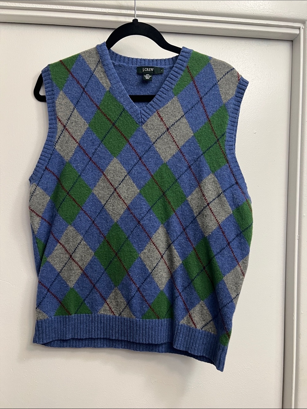 J. Crew 100% Lamb’s Wool Blue, Green and Gray Argyle V-Neck Vest Men’s Large